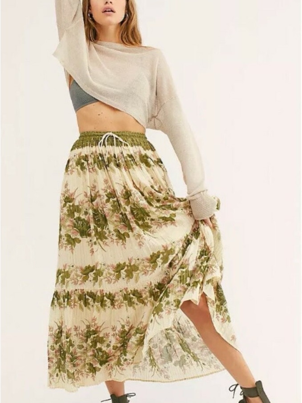 Spell x Free People Coco Lei Floral Maxi Skirt in Olive